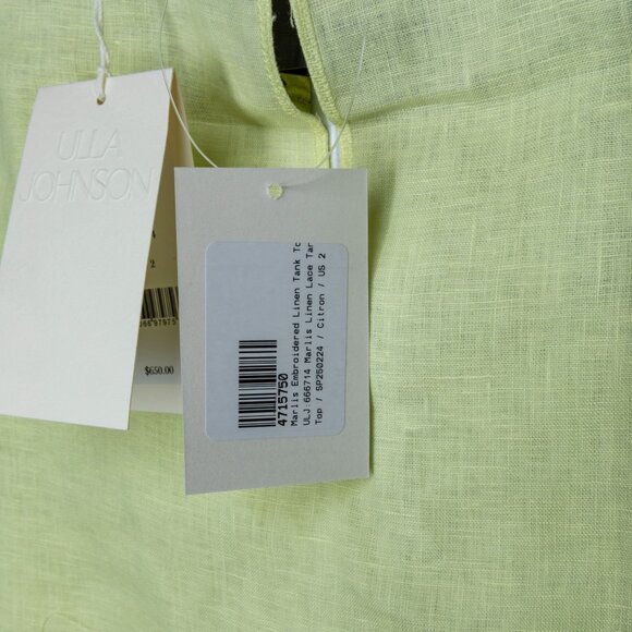 Ulla Johnson Marlis Embroidered Linen Lace Tank Top Citron Size 2 New With Tags - Picture 9 of 10